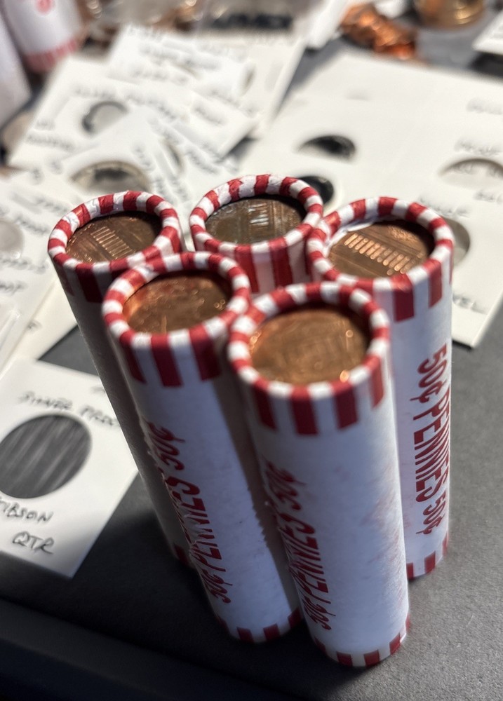 5 Fed Sealed Lincoln Cent Rolls from Bank Boxes Unsearched