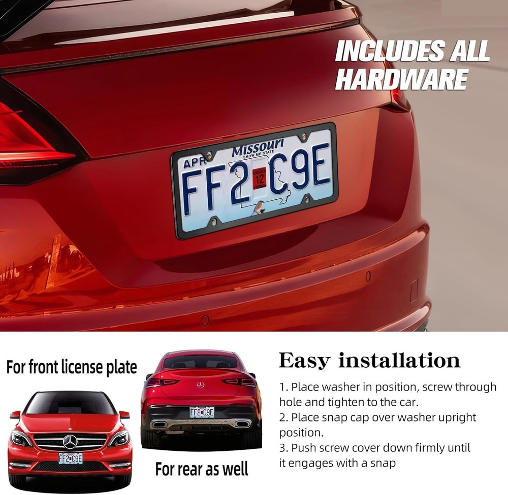 Black Matte License Plate Frames 2 Pack, Stainless Steel