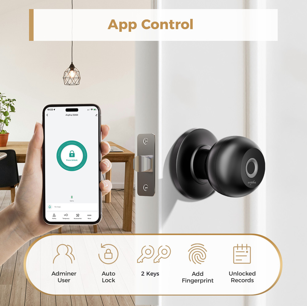 ARPHA Keyless Smart Door Lock Knob Entry APP Control Unlock Fingerprint Handle