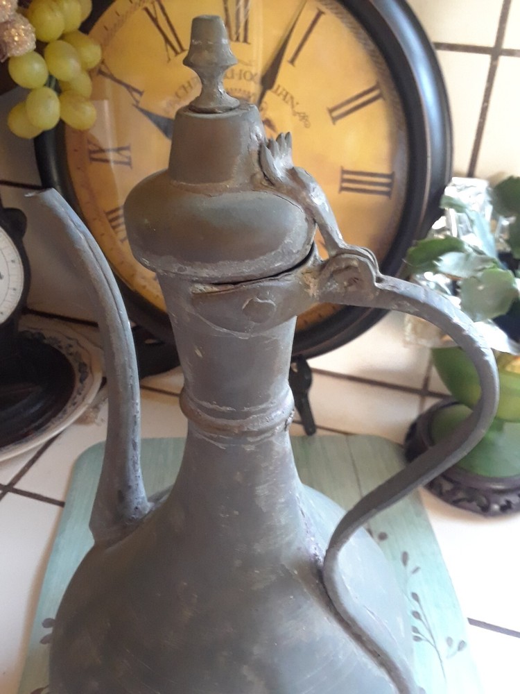 ANTQ Primitive Turkish Rustic Copper Water Urn Pitcher◇Attached Lid◇Lrg 15"