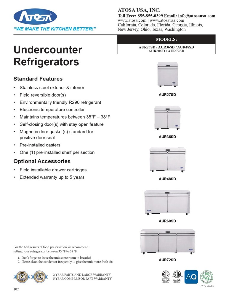 Atosa AUR60SD, 60-Inch Undercounter Refrigerator