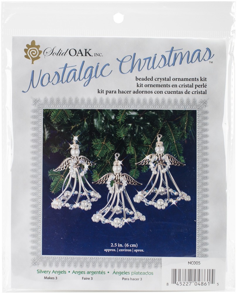 Solid Oak Nostalgic Christmas Beaded Crystal Ornament Kit-Silver Angels Makes 3