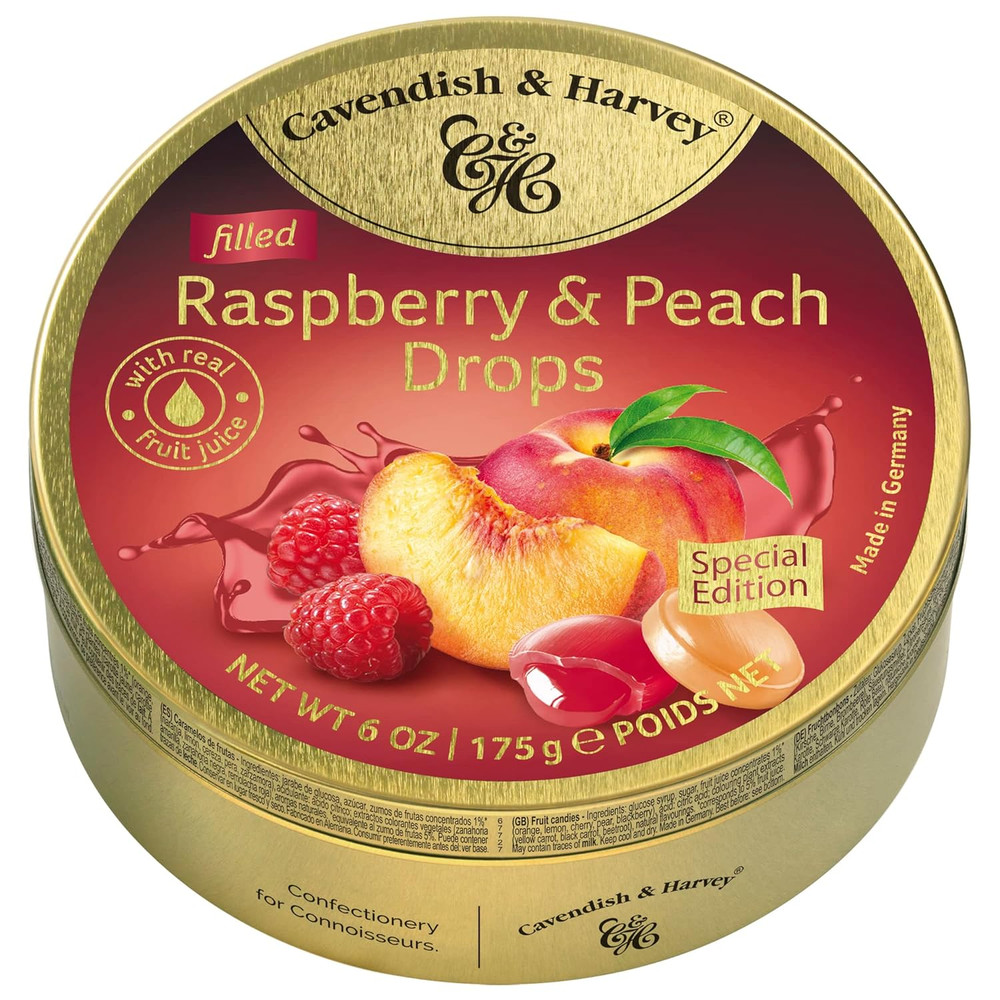| Raspberry & Peach Filled Hard Candy Drops | 6 Ounce Tin