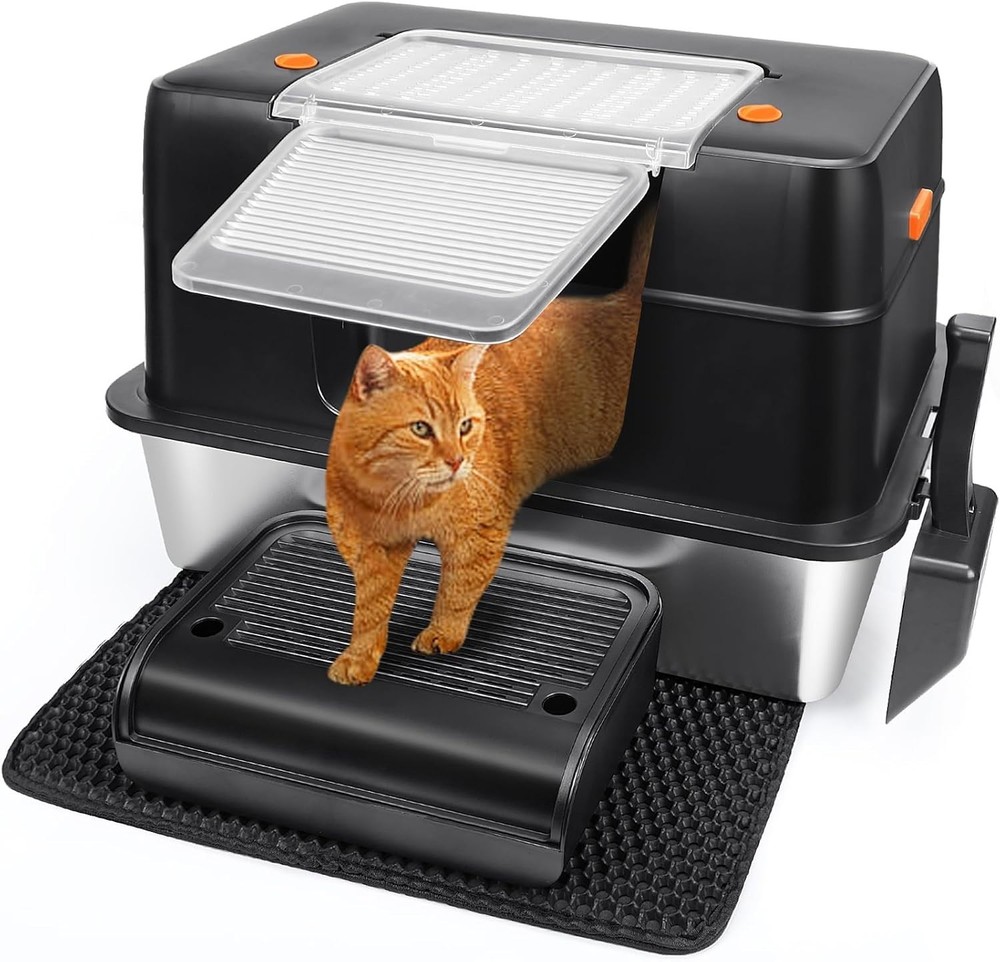 Side Entry Enclosed Litter Box for Large Cats – Stainless Steel with Accessories