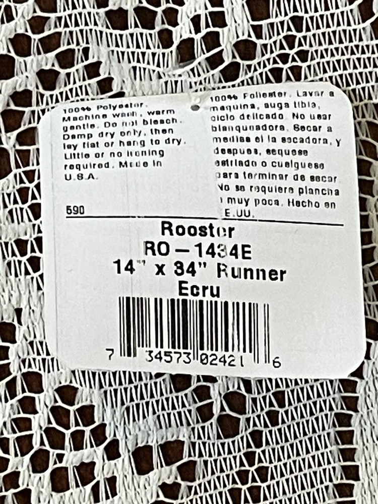Heritage Lace Ecru 14" x 34" Rooster Table Runner NWT