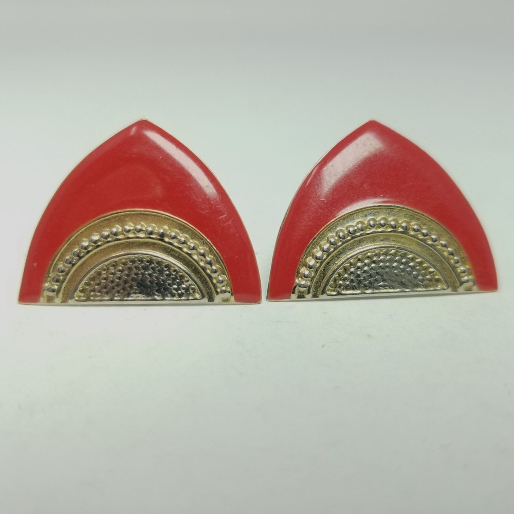 Vintage Triangular Red Enamel Stud Earrings, Retro 80s Style Design, Bold
