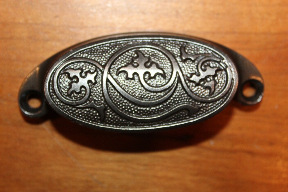 Antique Victorian Cast Iron Detailed Bin Apothecary Cupboard Drawer Pull L-1