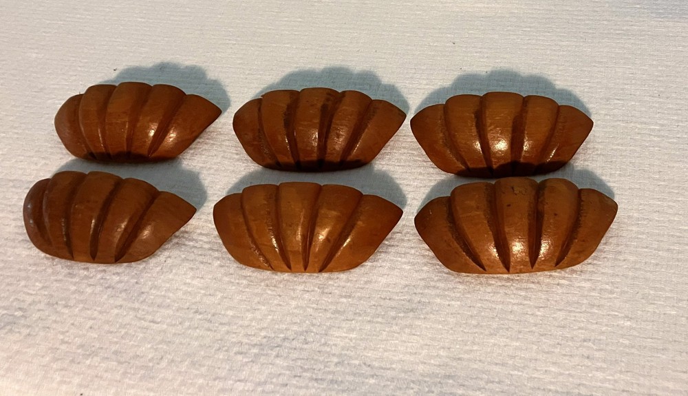 🔴6 Antique Maple Carved Clam Shell Wood Handle Drawer Pulls Mustach Shape