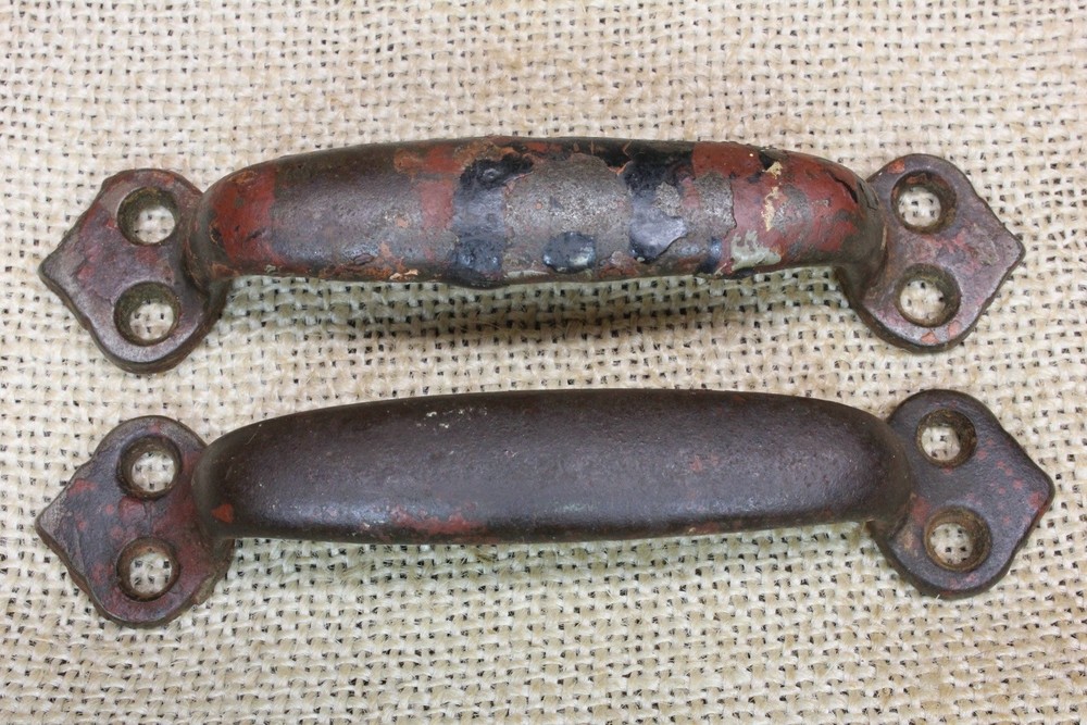 2 Old Drawer Pulls Door Handles Work Bench Paint Splattered Rustic Iron Vintage