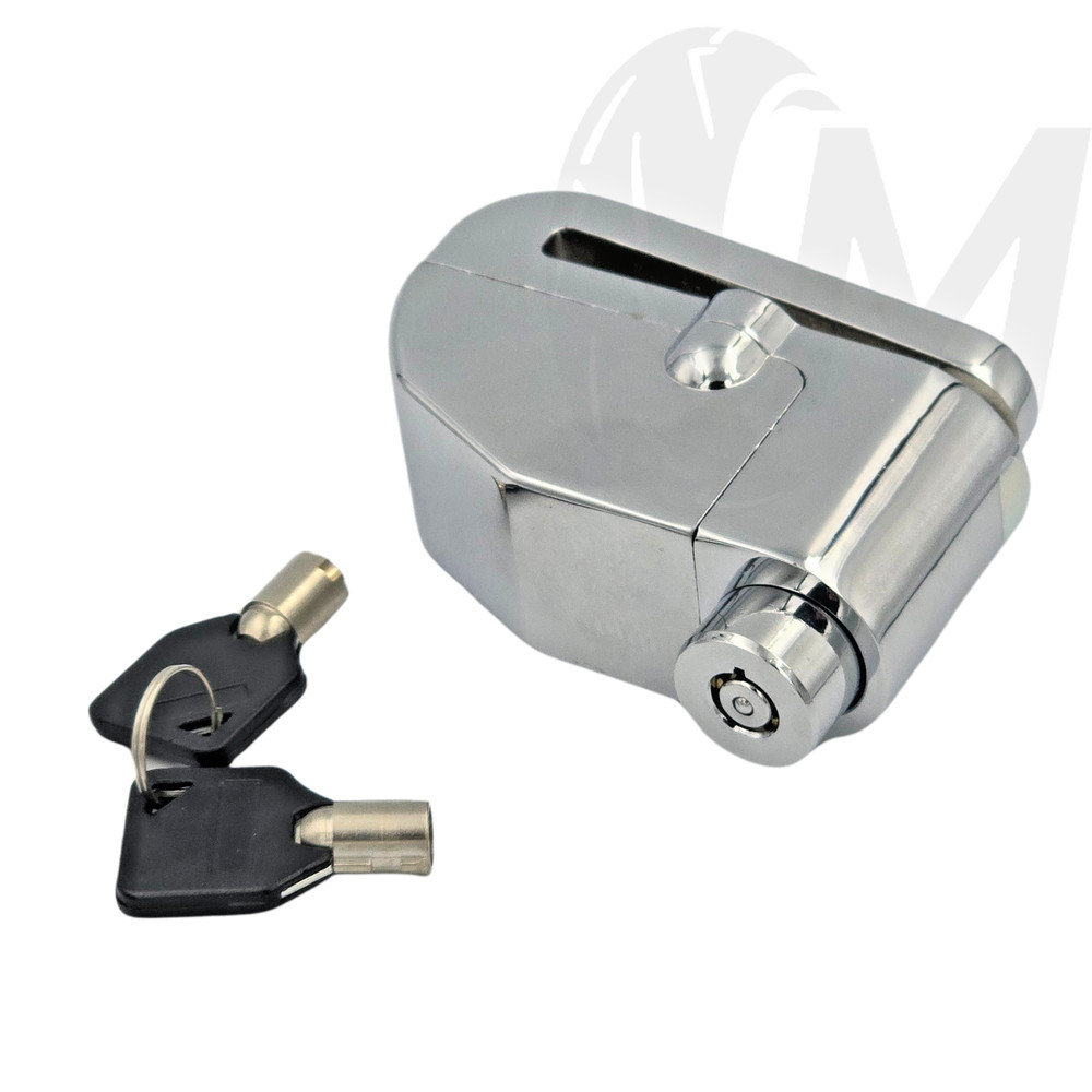 MOTORCYCLE DISC LOCK ALARMED 110dB 6MM PIN MOTION ACTIVATED ALARM 2 KEYS CHROME