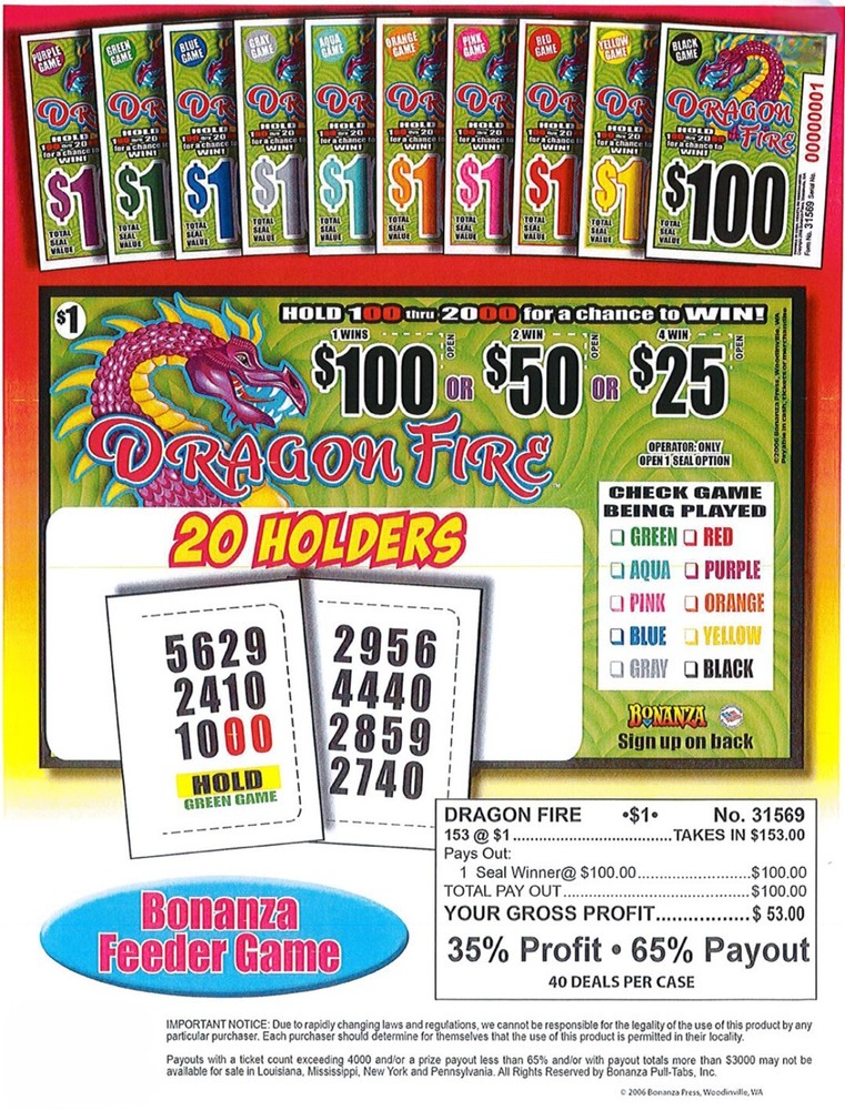 Pull Tab Ticket - Hard Card - Game - 6 Pack Dragon Fire - 153 ct ea