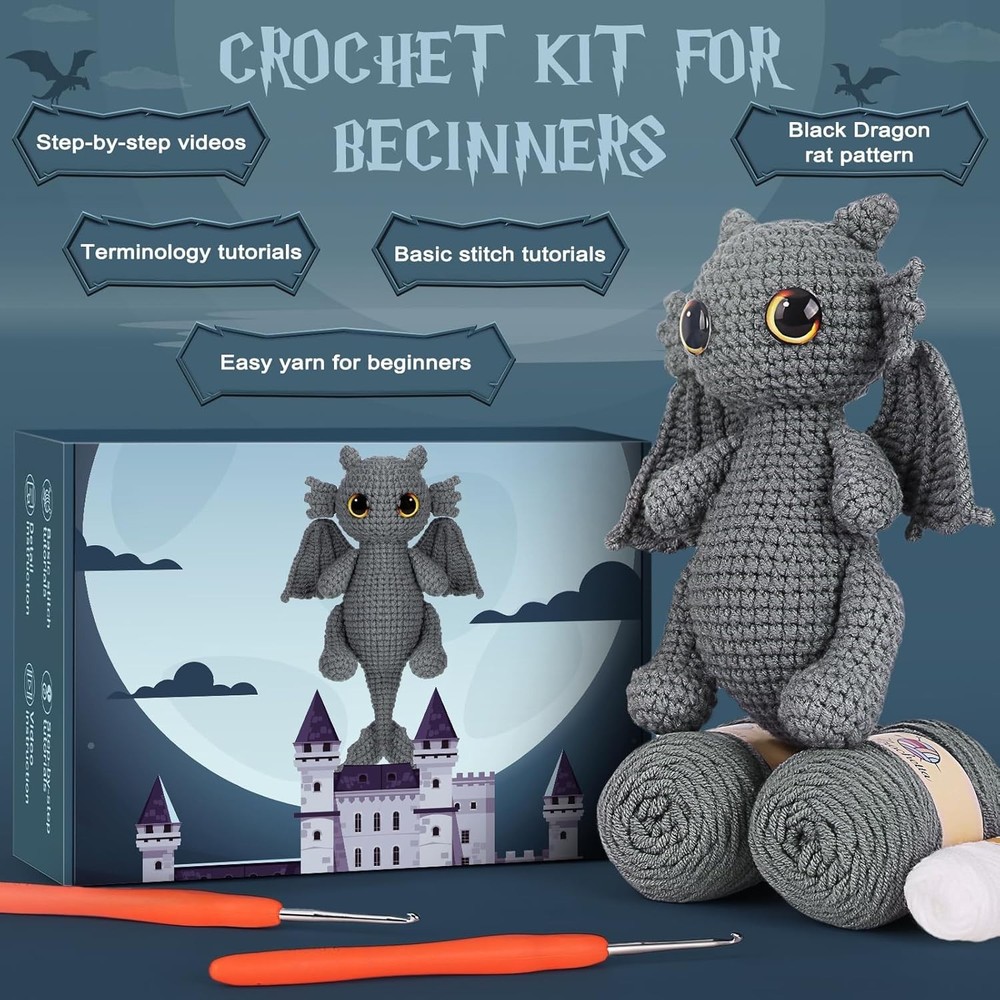 Crochet Kits with Step-by-Step Video Tutorials,Back Dragon 9 inch Christmas Gift