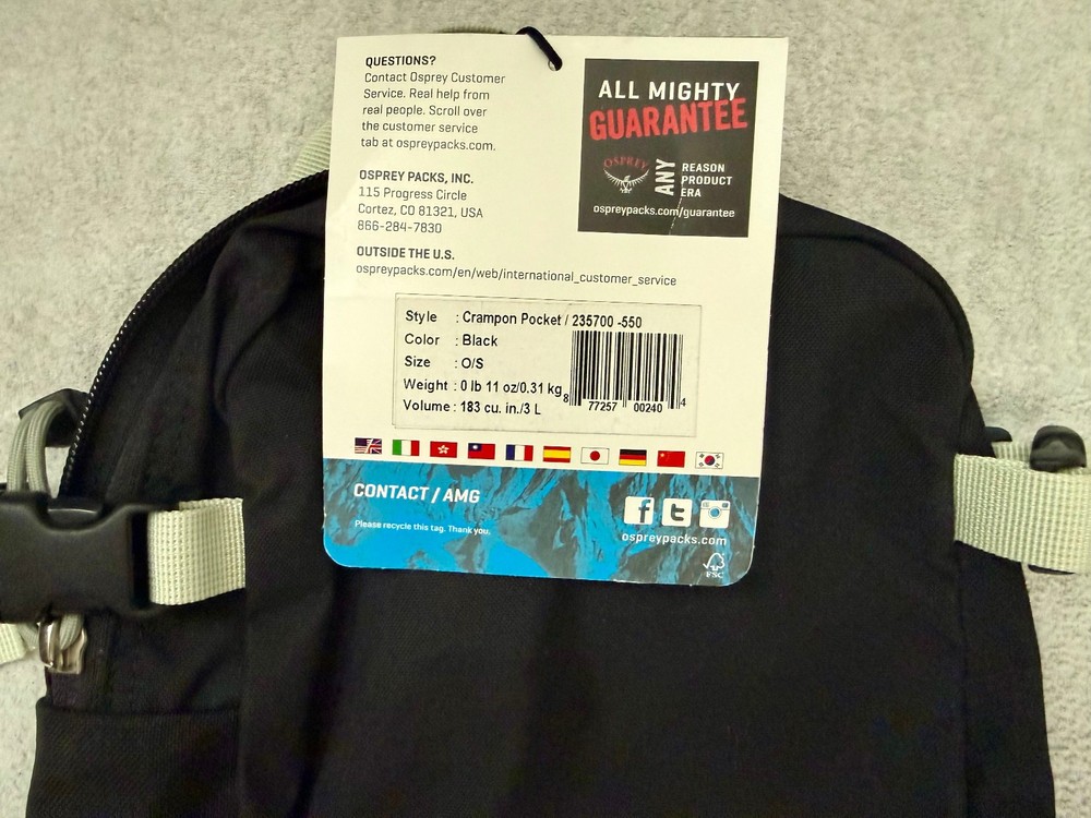 Osprey Crampon Pocket Removable Backpack Attachment New w/ Tags Size 3L