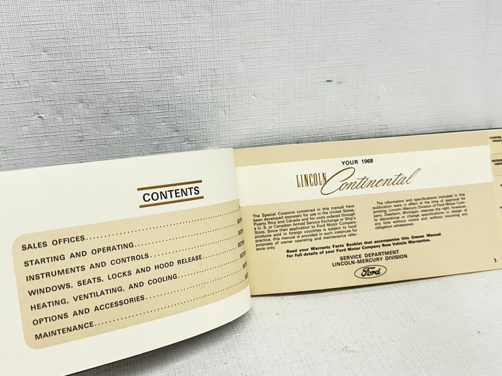 1968 Lincoln Continental NOS Owners Manual