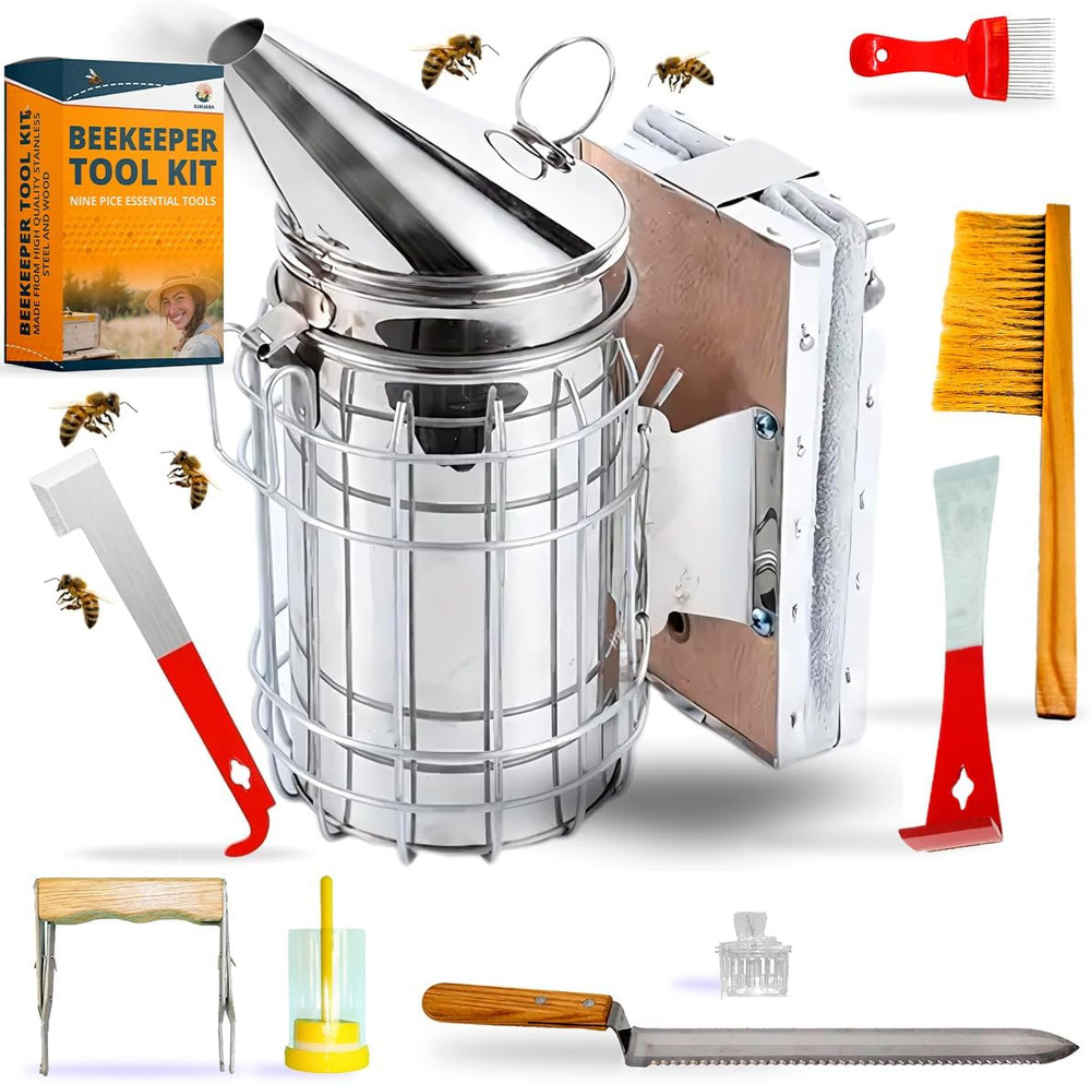 9Pc Beekeeping Starter Kit Hive Tools Smoker Queen Cage Honey Tools