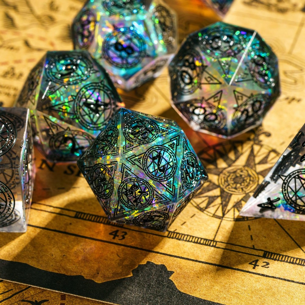Cusdie 7-Die Sharp Edges DND Dice Set, Magic Circle Pattern Polyhedral D&D Dice