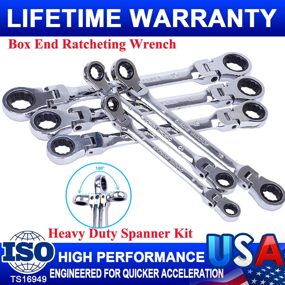 6PC NEW Flex-Head Double Box End Ratcheting Wrenches Extra Long Metric Universal