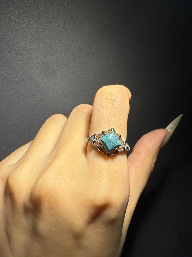 Natural Hubei Turquoise Square Ring / Silver- plated/adjustable