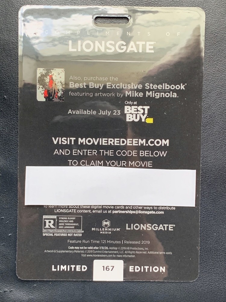 SDCC 2019 EXCLUSIVE Lionsgate David Harbour Helloboy Tag & Digital Movie Code