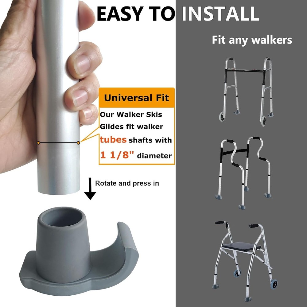 2 Pack Walker Ski Glides Universal Fit Walker Feet Replacement Gray
