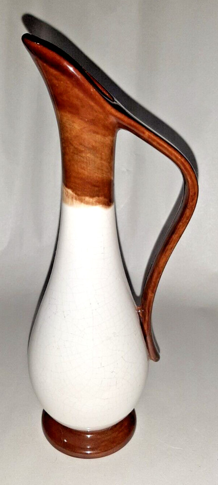 pottery pitcher white and brown drip spout 10"