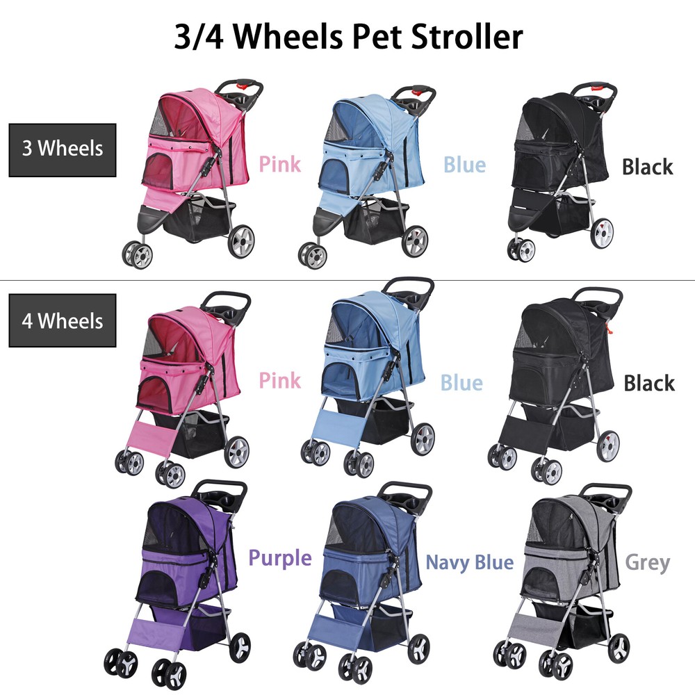 3/4-Wheels Folding Pet Stroller with Cup Holder, Mesh Window Portable Stroller