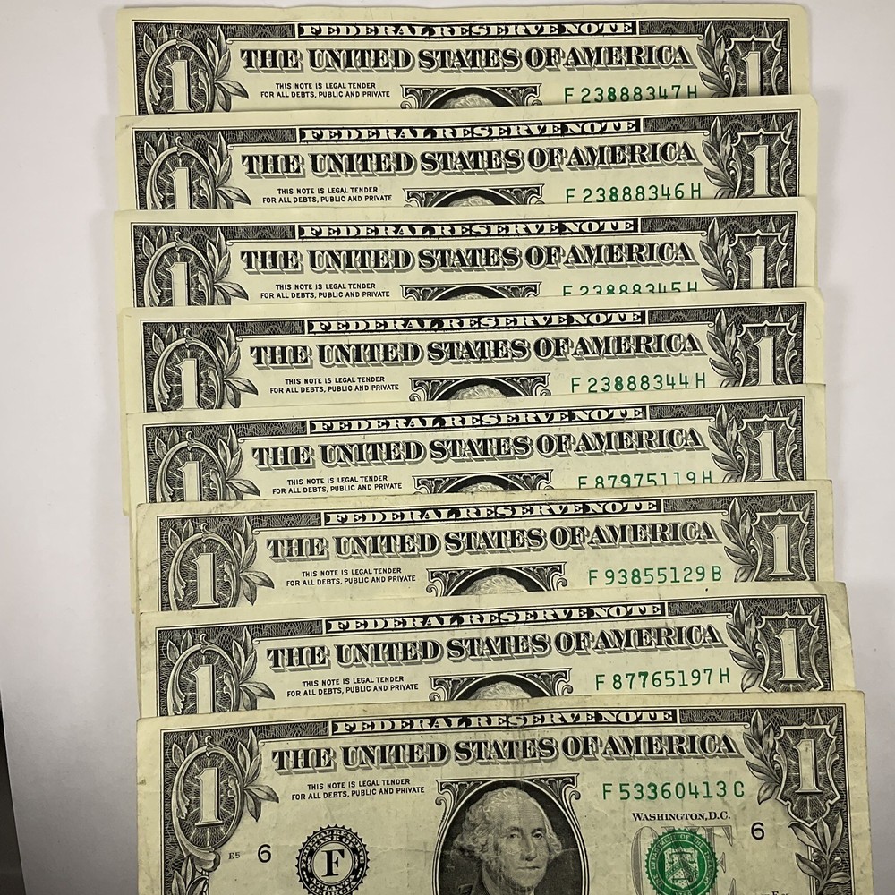 Ink Smudge Error Third Position 2017 One Dollar Bill Lot Of 8 District 6