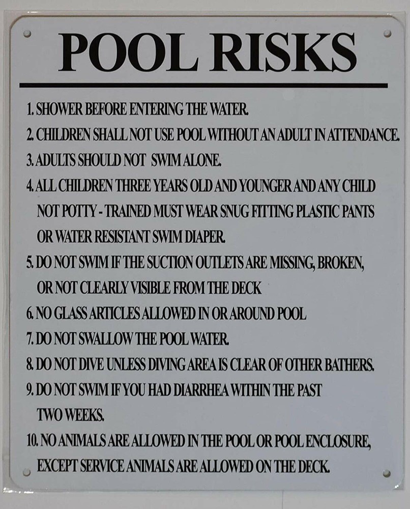 Pool Risks Sign (White, Rust Free Aluminium 10x12)-REF24-1027