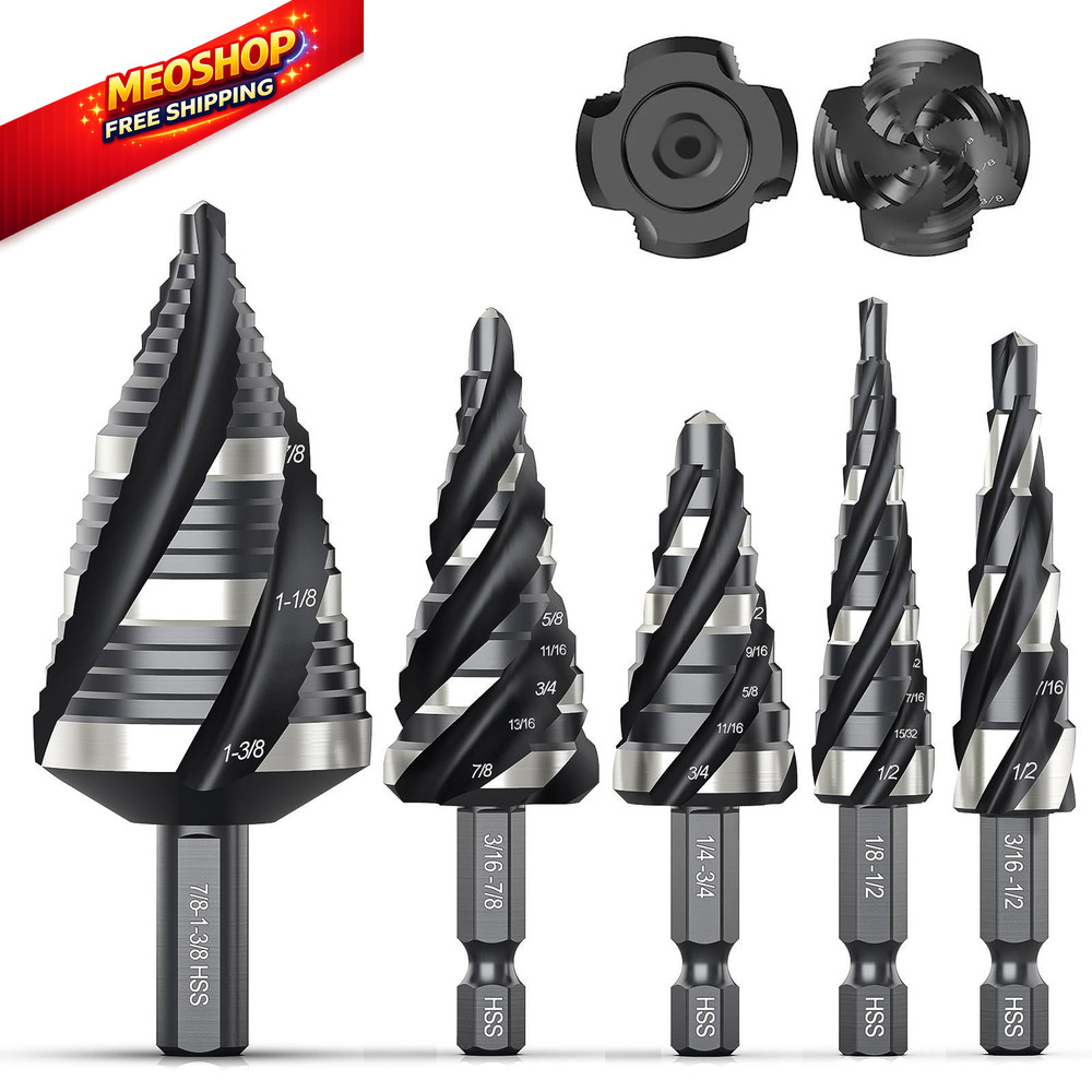 THINKWORK Four Spiral Flute Step Drill Bit Set, 5 Pcs HSS 5 Piece