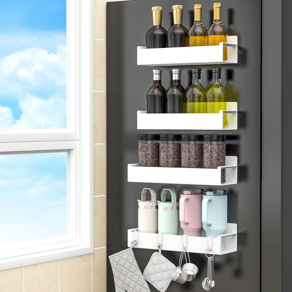 HuggieGems 4 Pack Magnetic Spice Rack Organizer for 4 Pack, White