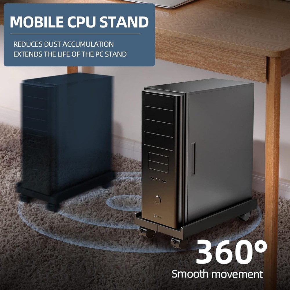 Adjustable Mobile CPU Stand, Ventilated Computer Tower Stand with 4 Black