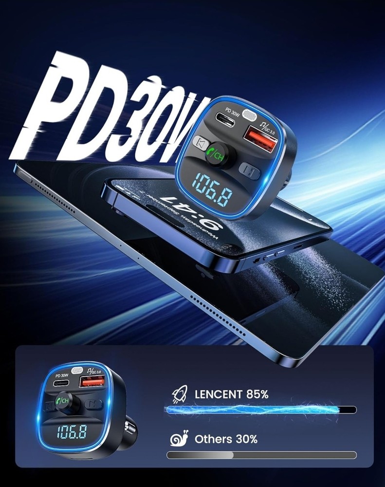 Bluetooth 5.4 FM Transmitter 48W PD30W Car Adapter Handsfree USB TF