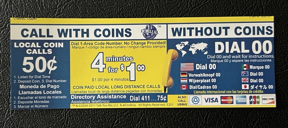 Single Slot Payphone Upper Instruction Card