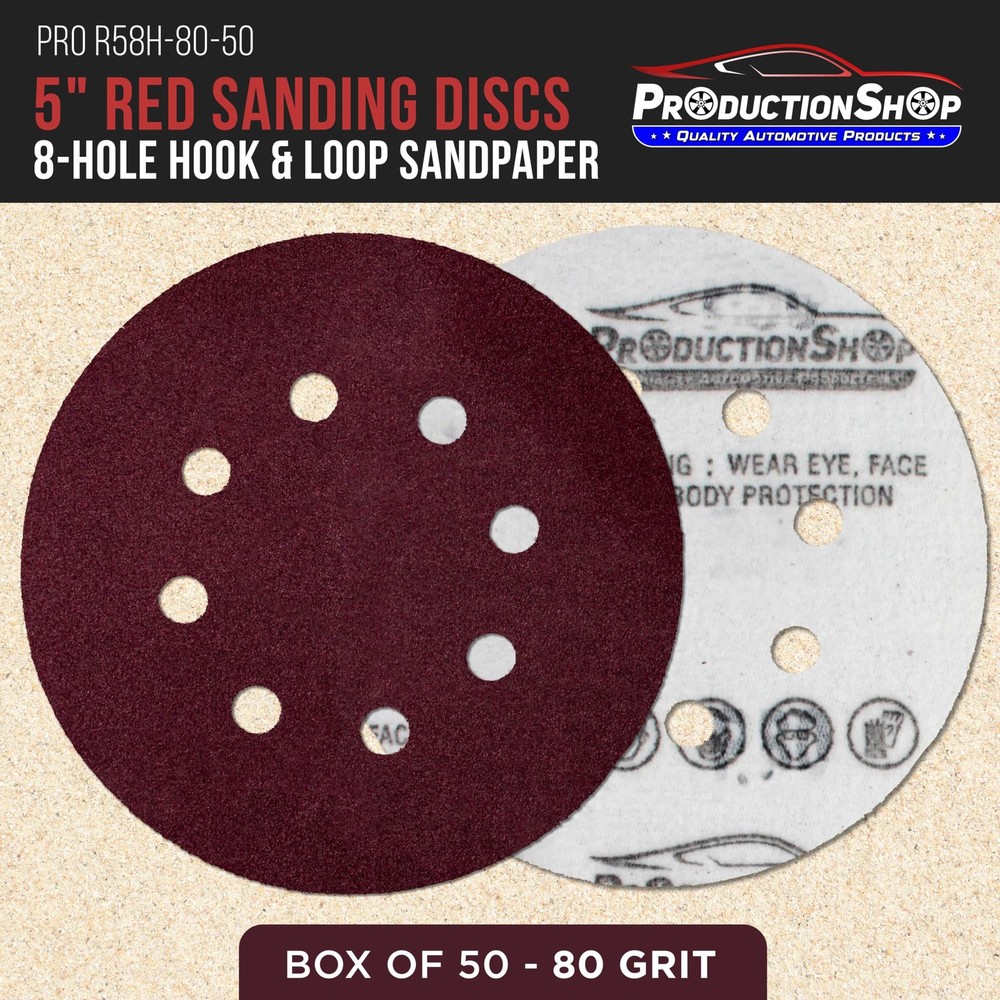 8-Hole Red Sanding Discs 80 Grit for Wood & Auto Paint - 50 Pack, Hook & Loop