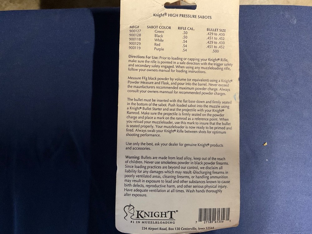 KNIGHT. Sabots Muzzle Loader .54 cal. ….50 in the pack