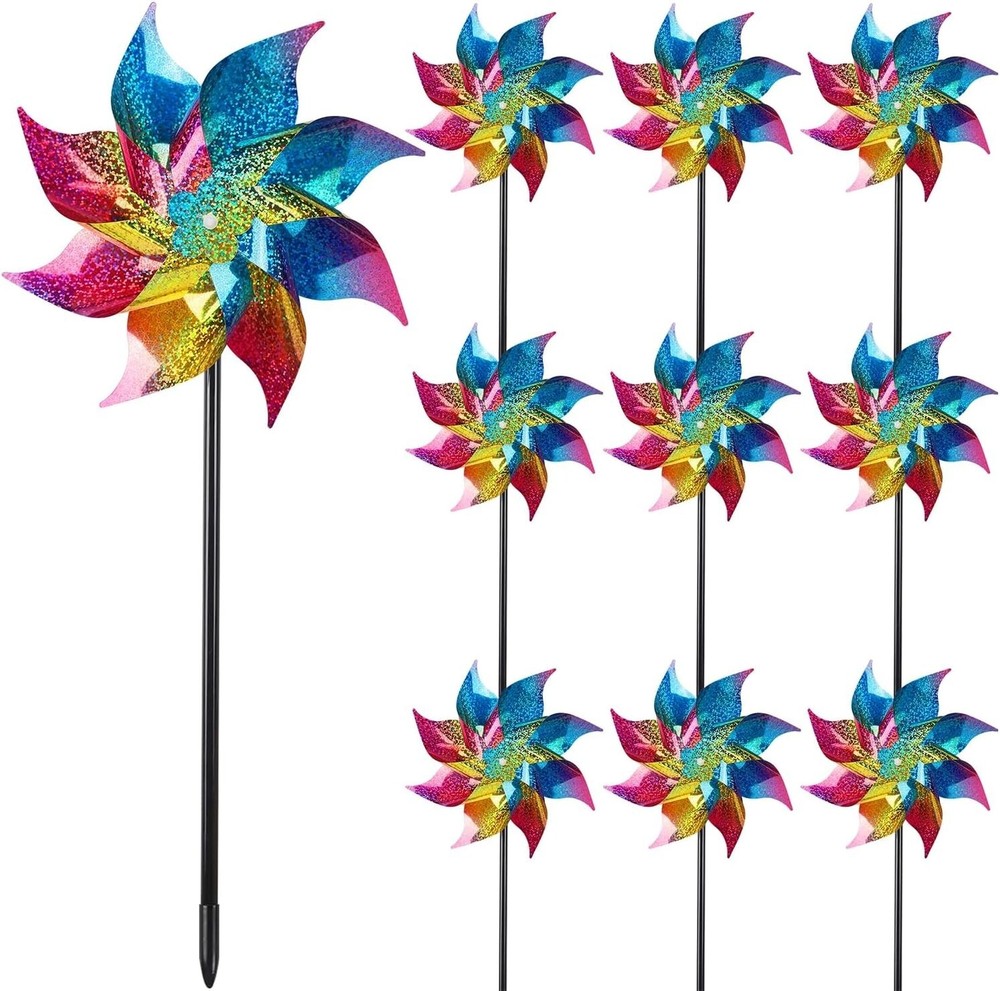 10-Pack Reflective Rainbow Pinwheels - Bird Repellent Solution for Garden Pro...