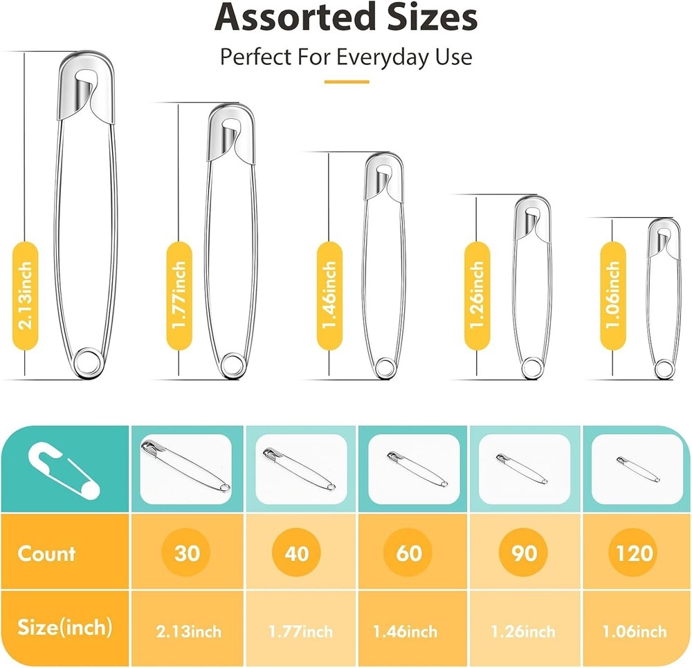 Multi-Size Safety Pins Bulk - 340 Pack, Rust Resistant for Crafts & Sewing