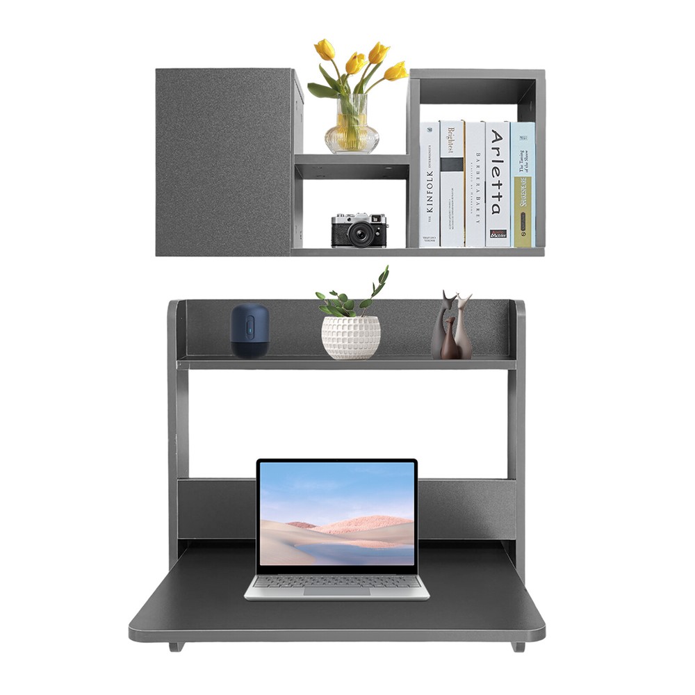 Folding Space Saving Wall Mounted Bookshelf Grey Down Laptop Desk Workstation