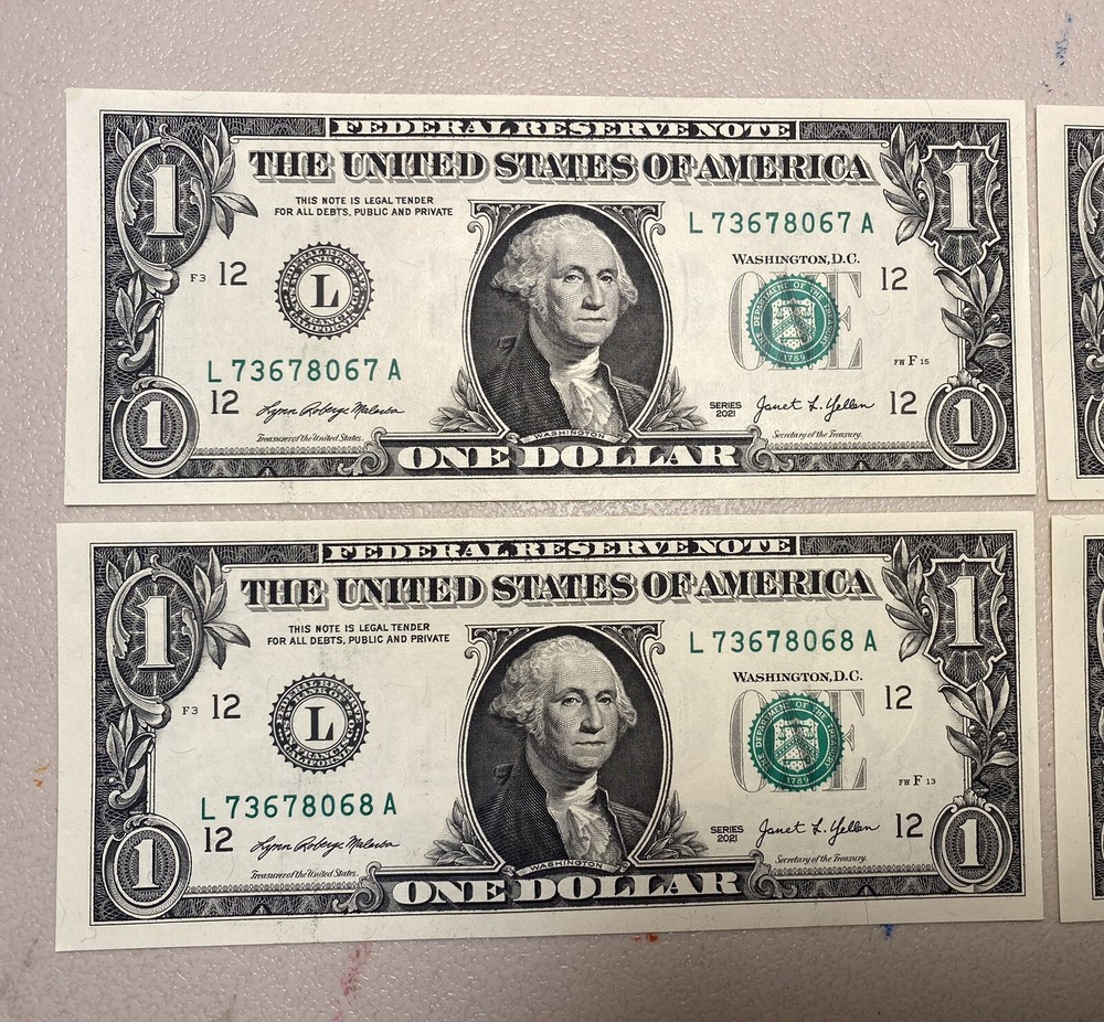 (4) $1 Sequential Bills ERRORS Identical OverInked 7 & Reverse Extra Ink Miscut
