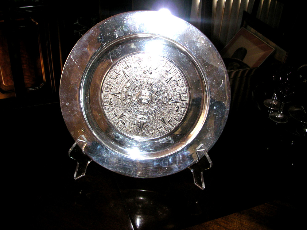 HUGE STERLING SILVER AZTEC CALENDAR PLATE - 19.5