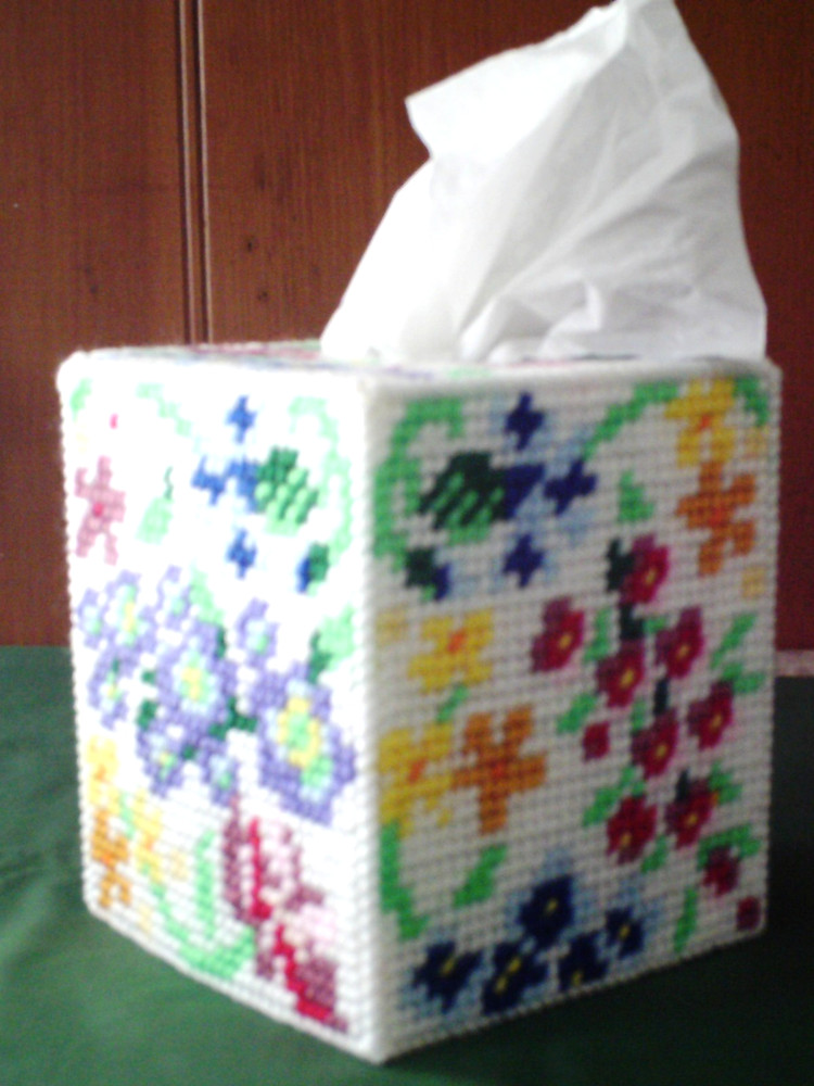 "Spring Flowers" Tissue Box Cover (Plastic & Yarn) Finished