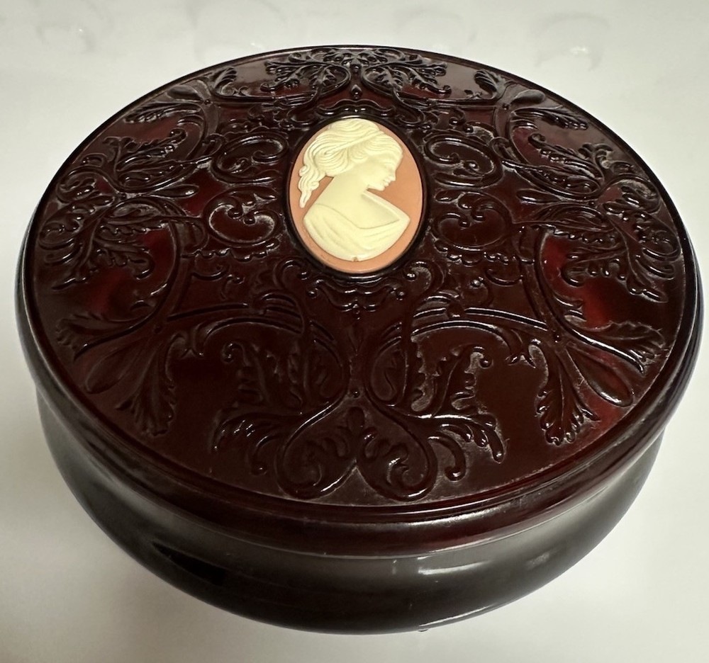 AVON SET BOTH Mirror and Dusting Powder Bowl Celluloid Cameo Dark Red Ruby