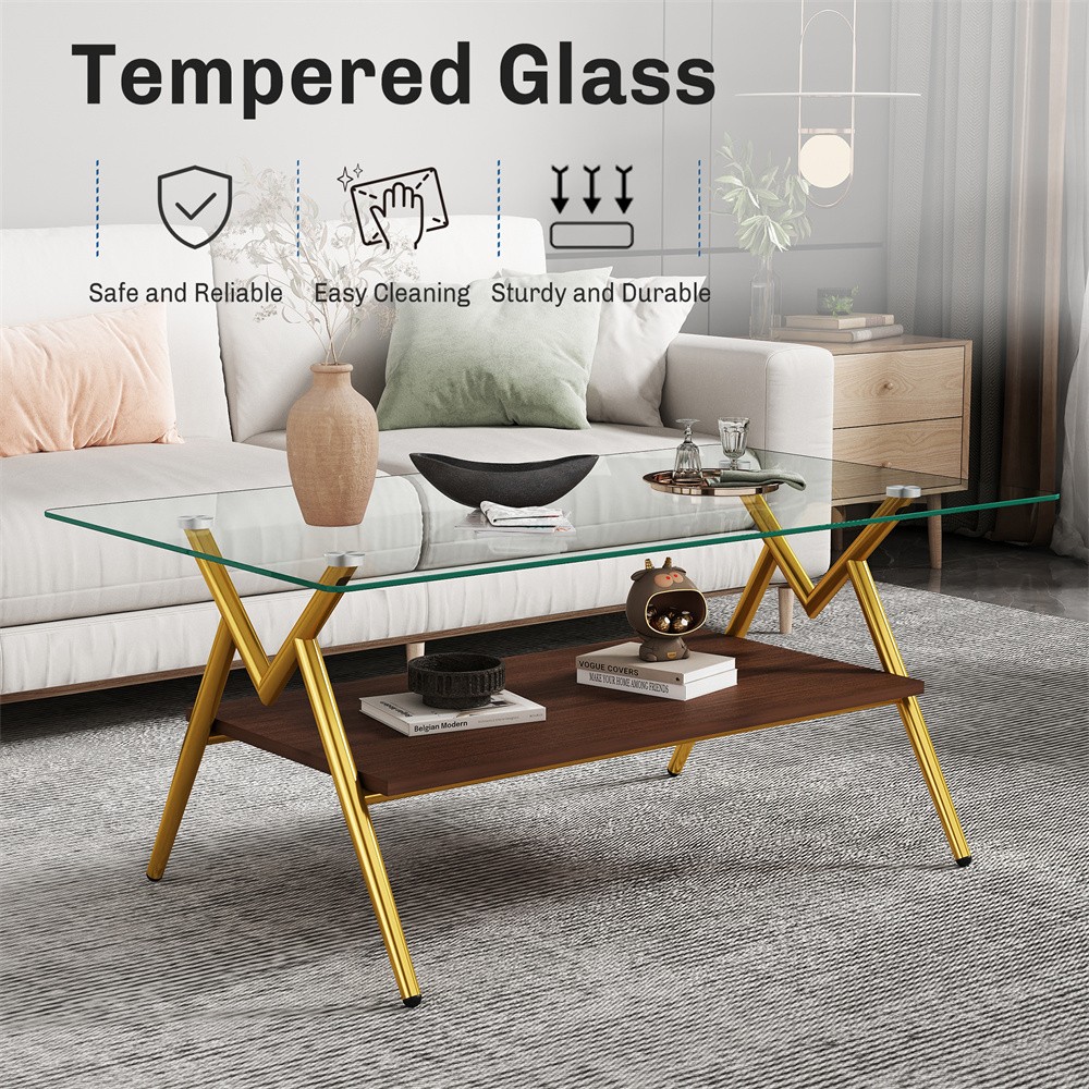 Flat glass Home Deco Coffee Table with Storage Shelf Rectangular Teapoy