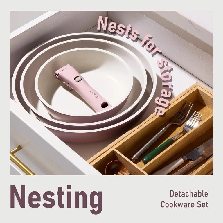 4Pc Nonstick Cookware Set Pink Detachable Handle Pots Pans Stackable Kitchen