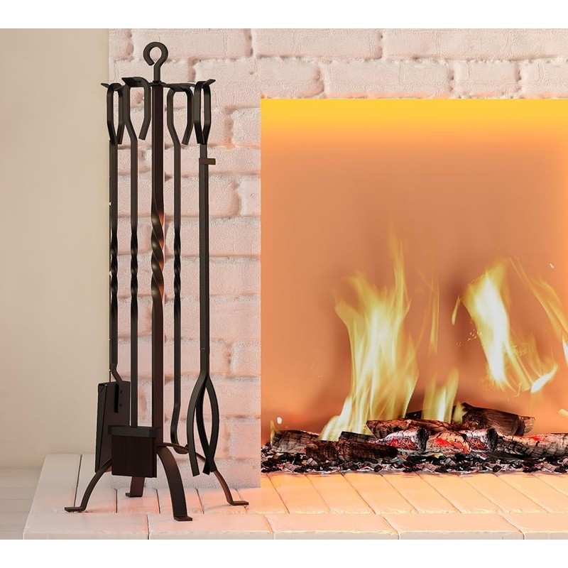 Ergonomic Fireplace Tools Set Cast Iron Fire Pit Accessories Durable 5 Piece New