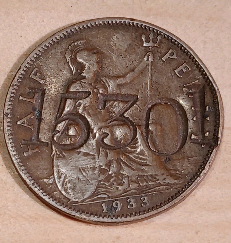 1933 Half Penny George V Unknown Stamp 15301 On Front