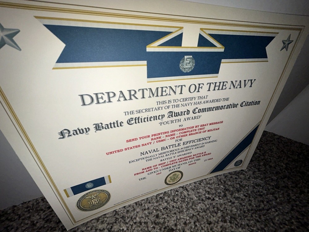 NAVY BATTLE E CITATION~4TH AWARD COMMEMORATIVE CERTIFICATE ~ TYPE-2 / W/PRINTING