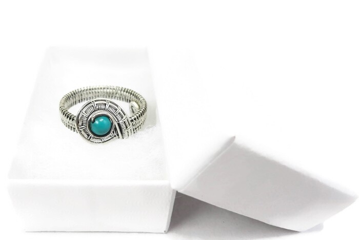 Turquoise Adjustable Ring, Woven in Sterling Silver Wire