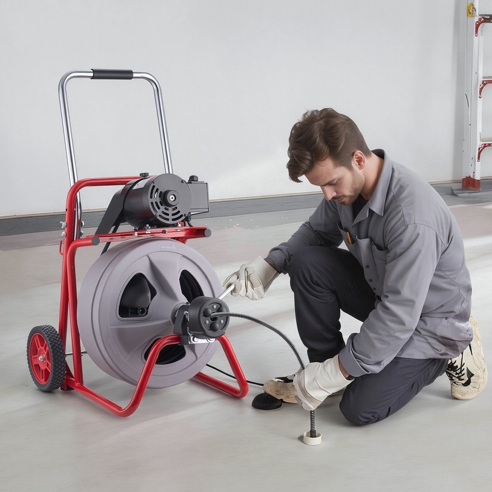 Electric Sewer Snake: 75ft 1/2" Cable, 8 Cutters, Telescopic Handle