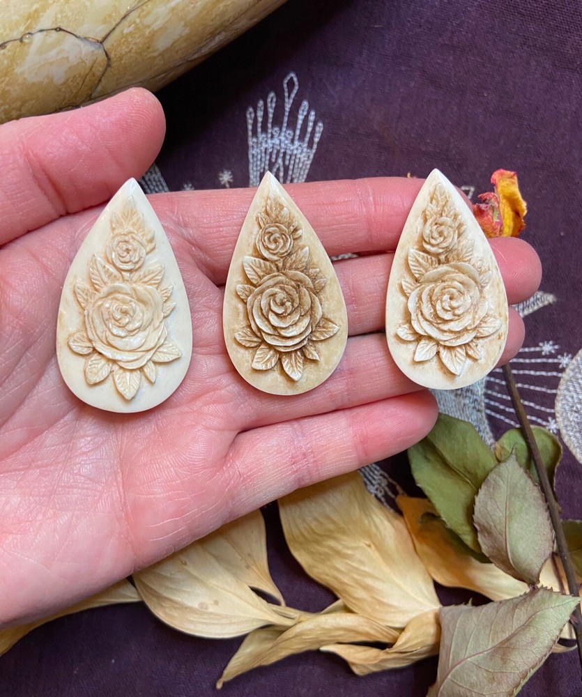 Bovine Bone Rose Carving, Ethically Sourced Cow Bone